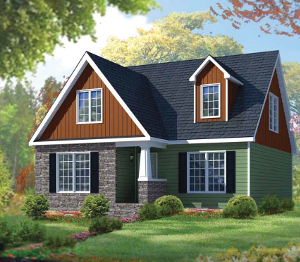 Barclay home with partial brick combined with vertical and horizontal siding and black shutters