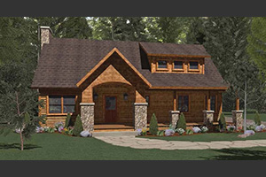  Canyon Springs floor plan shown with brown siding and stone accents on front porch pillars and dormer.