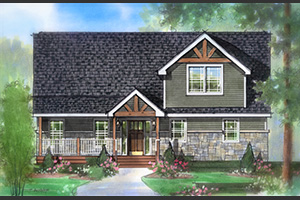 Lidya floor plan green siding, brown accent trim and partial stone on front and black shingles.