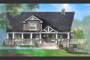 Loretta floor plan with covered front porch with single dormer and accent trim on front and upgraded balcony side deck