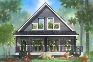 Luna Floor Plan A-frame style with grey siding with eyebrow covered front porch