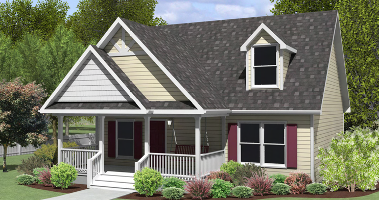 Pride single dormer house plan with burgandy shutters and black roof