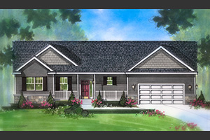 Alex Oasis Home floor plan with front porch with white railing and front garage door.