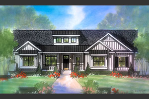 Almont Oasis Home floor plan with triple dormers and full covered front porch with pedestal and railing