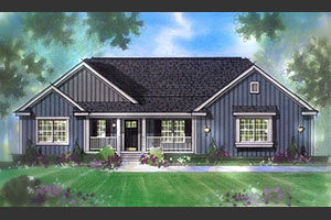 Oasis Amaara rendering with hip roof and vertical siding with side entry garage