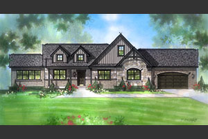 Oasis Andie Floor Plan with grey vertical siding and stone front and side garage entrance