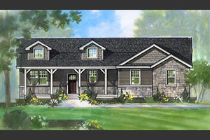 Oasis rendering Arlo with black roof enclosed porch and brick accents and two dormers
