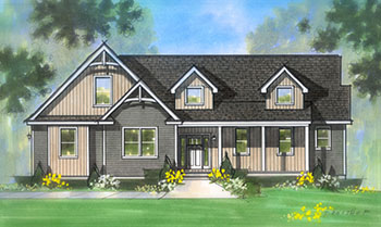 Atlas Oasis Home floor plan with two dormers and covered front porch with three railinga