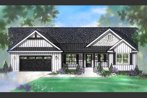Aurora Ranch Model elevation black roof with white vertical sideing and shake accents