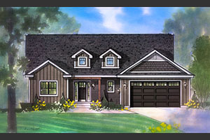 Oasis Avery rendering with vertical and shake siding and two roof dormers