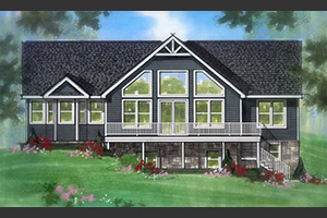 Oasis Aylee floor plan large back deck. Features large trapezoid windows and grey siding and black roof.