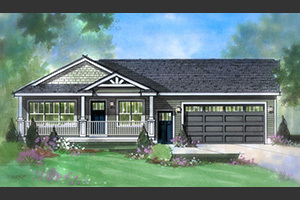 Charli Ranch House grey siding and front garage door with black roof