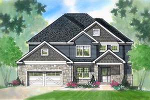 Morgan Floor Plan  brick and siding in blue and gray with white trim.